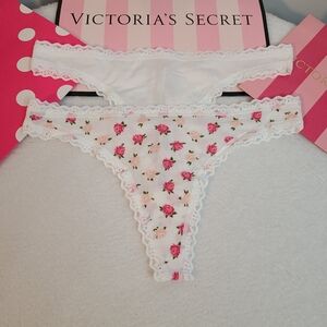 Victoria's Secret 2pk Soft Cotton Lace Trim Thong Panties Size Sm